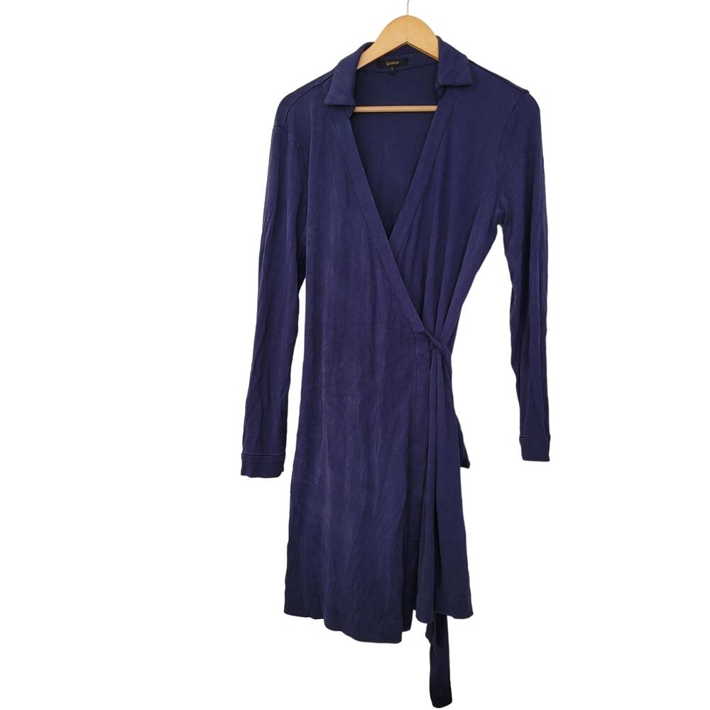 Quince Women's Wrap Dress Size L Navy Blue 100% Silk Solid Long Sleeves Collared